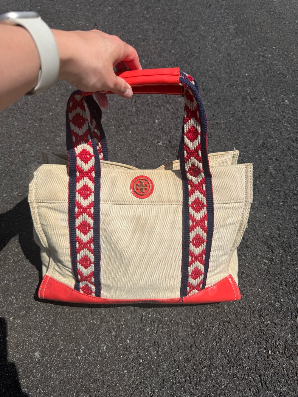 Tory Burch Ella Canvas Red Patent Tote - Picture 2 of 10